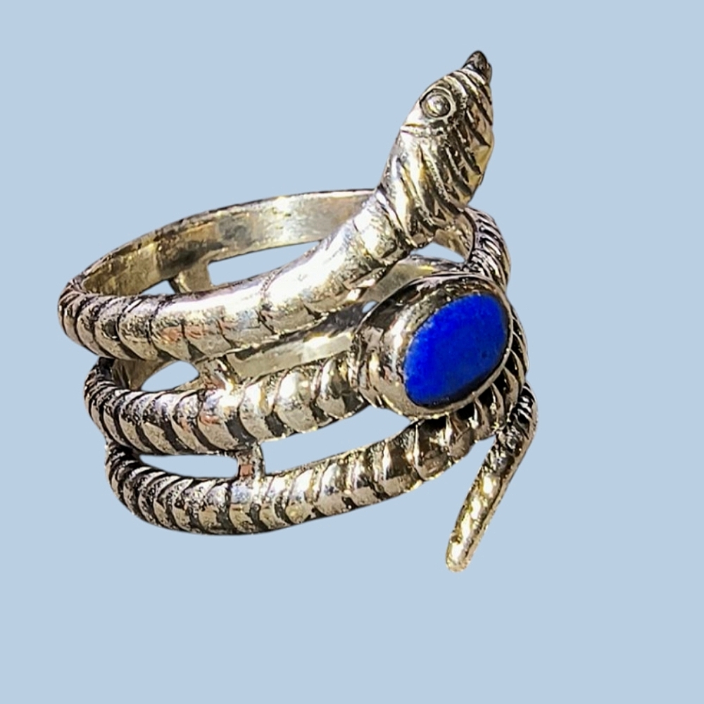 Source Unknown Silver Snake Wrap Ring with Blue Stone